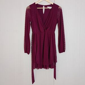Long Sleeve Burgundy Wrap Mini Dress with Sheer Dot Sleeves